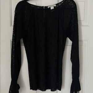 White House Black Market Black Lace Long-Sleeve Blouse with Tie Cuffs